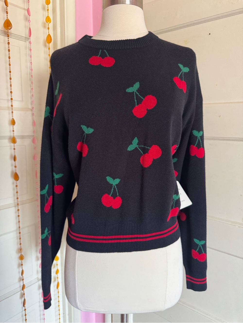 Orange Kiss Cherry Print Knit Sweater Black Red NWT Medium